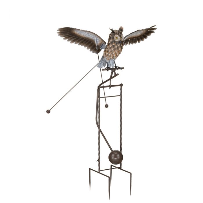 Wing Flapping Kinetic Metal Brown Owl Rocking Yard Stake Garden Spinner Rocker 